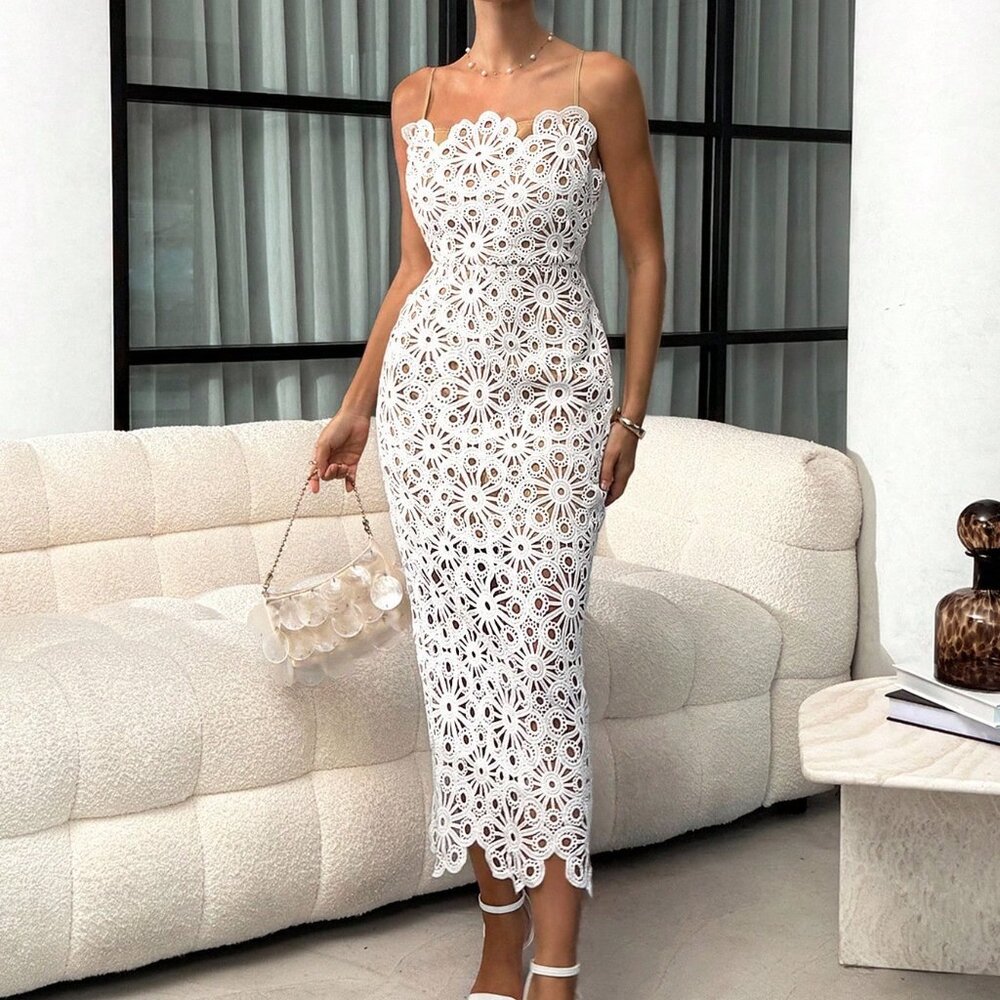 White Elegant Women's Asymmetrical Lace Cutout Camisole Watercolor Midi Dress